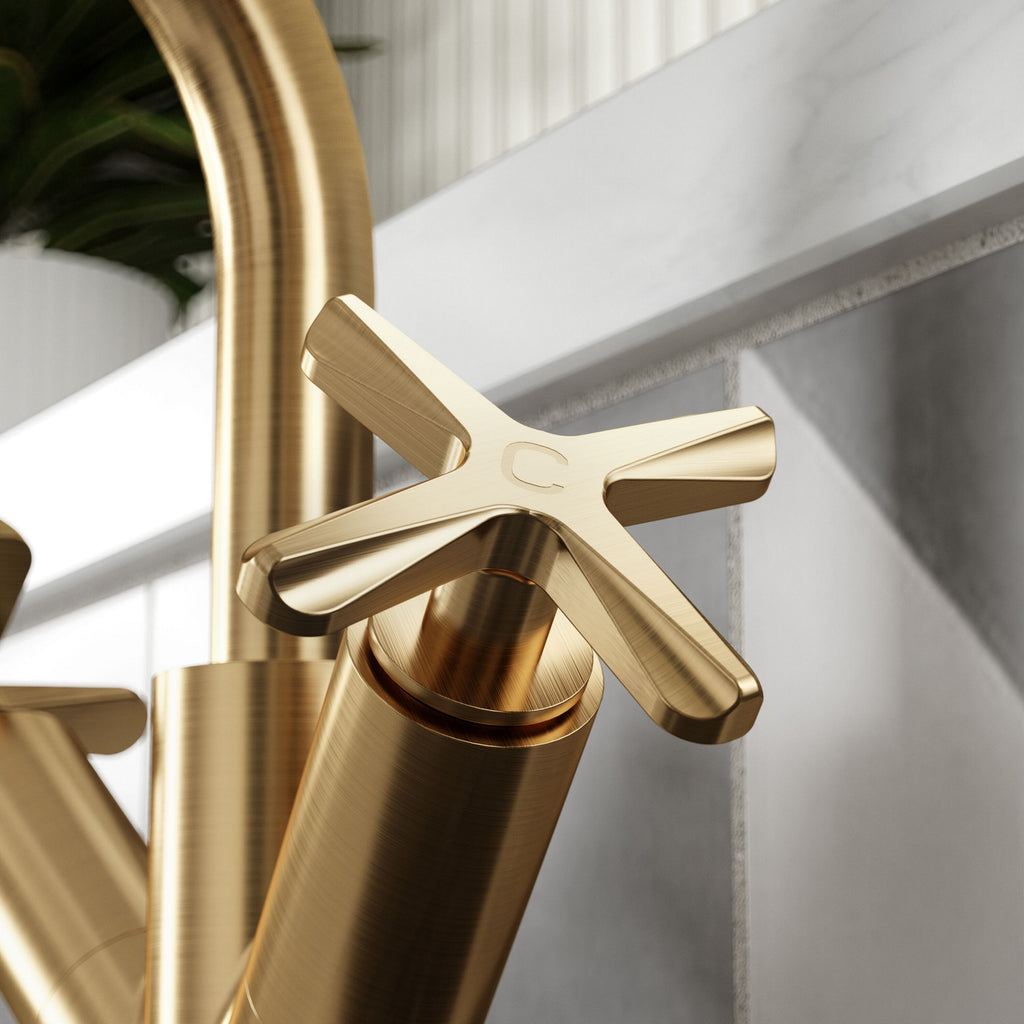 Korus Brushed Brass Mono Basin Mixer Tap With Waste Contemporary Crosshead