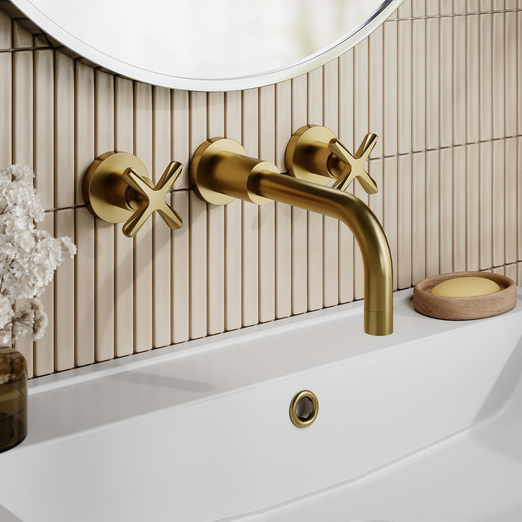 Korus Brushed Brass Wall Mount 3 Tap Hole Basin Mixer Contemporary Crosshead