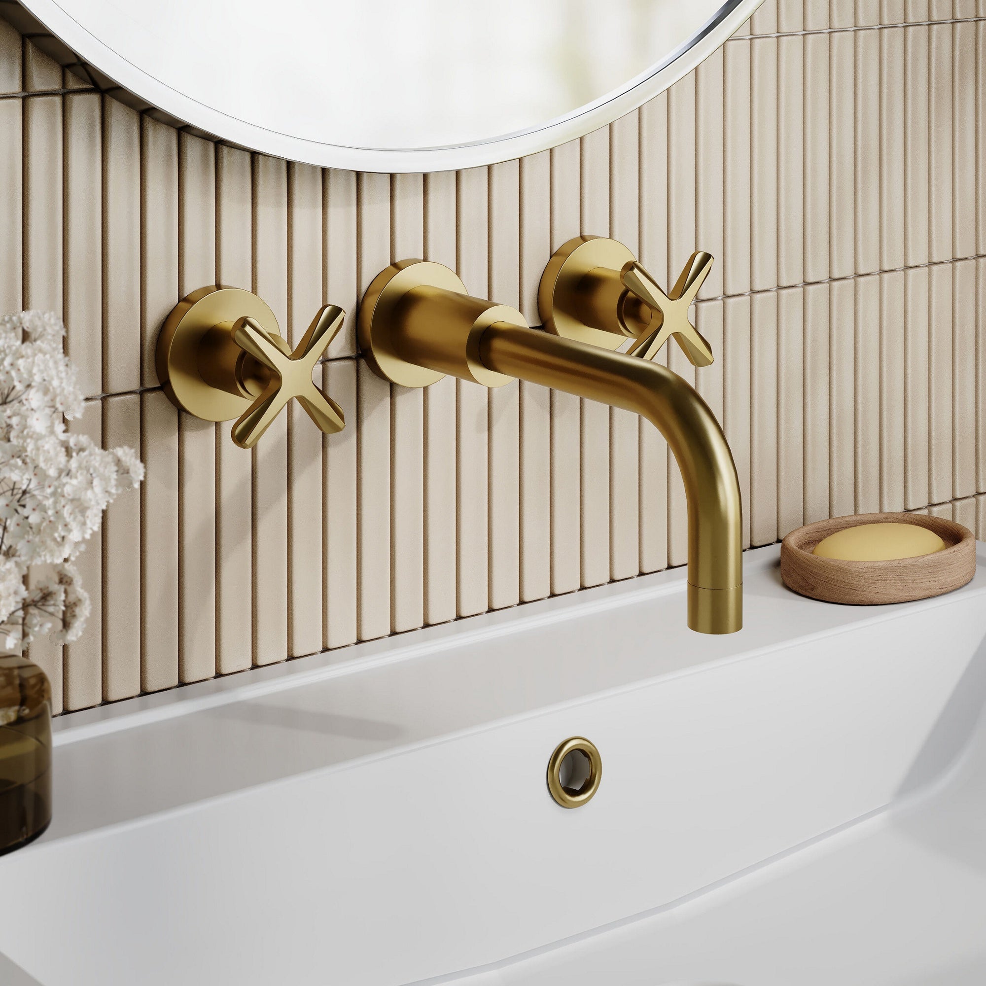Korus Brushed Brass Wall Mount 3 Tap Hole Basin Mixer Contemporary Crosshead