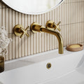 Korus Brushed Brass Wall Mount 3 Tap Hole Basin Mixer Contemporary Crosshead