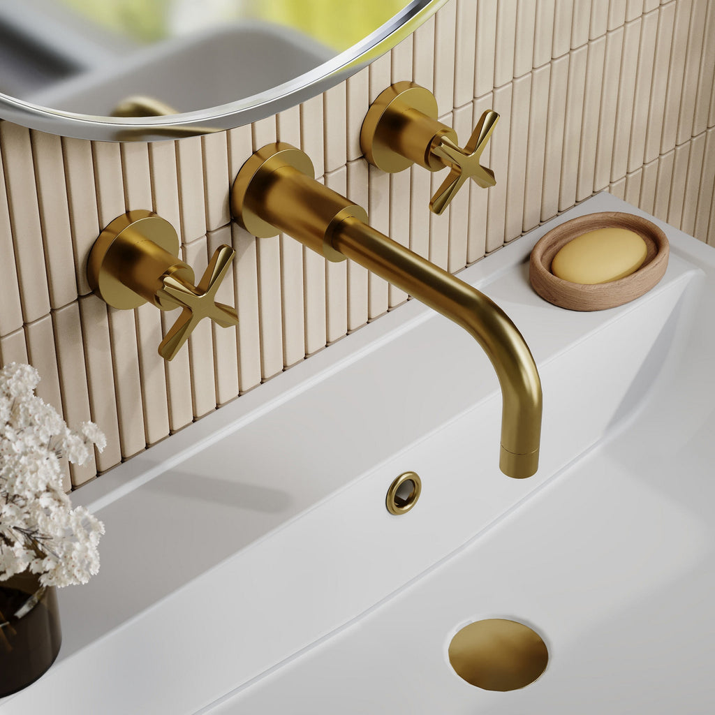 Korus Brushed Brass Wall Mount 3 Tap Hole Basin Mixer Contemporary Crosshead