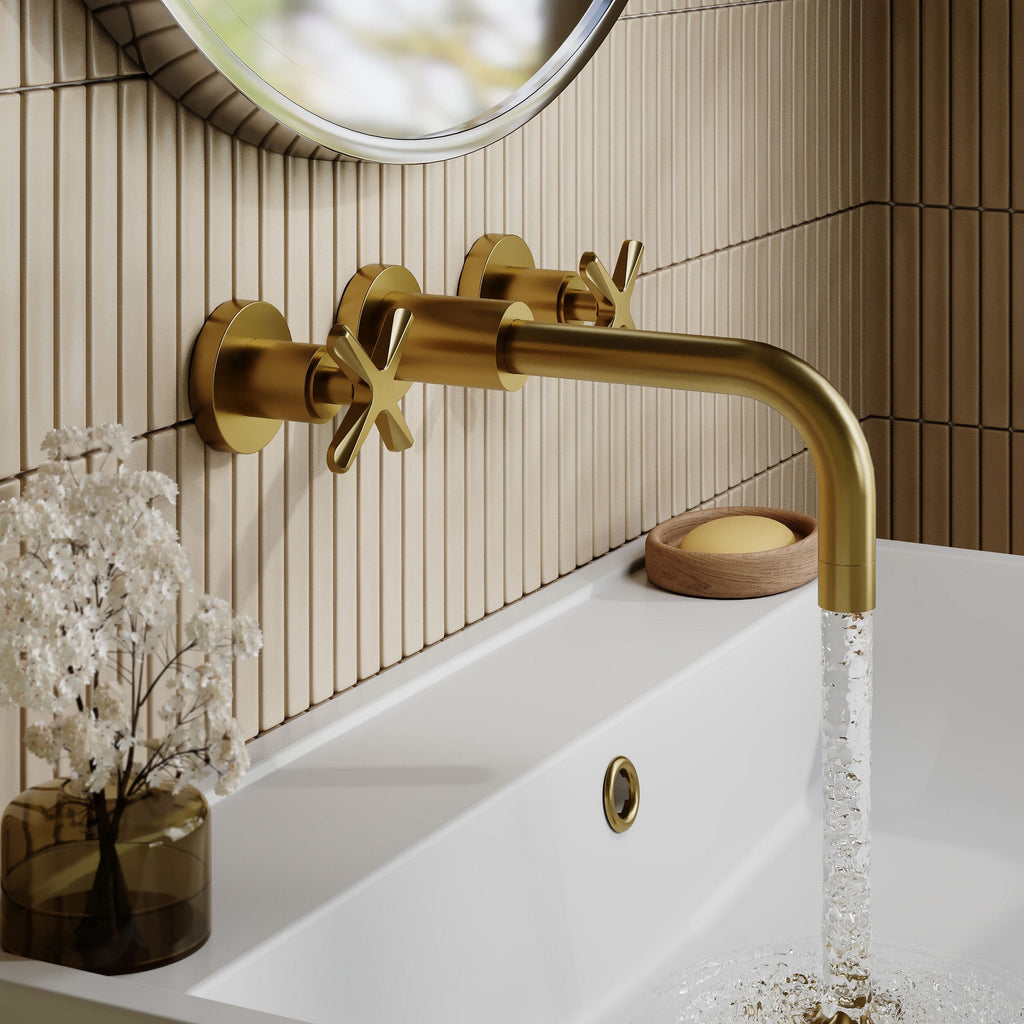 Korus Brushed Brass Wall Mount 3 Tap Hole Basin Mixer Contemporary Crosshead
