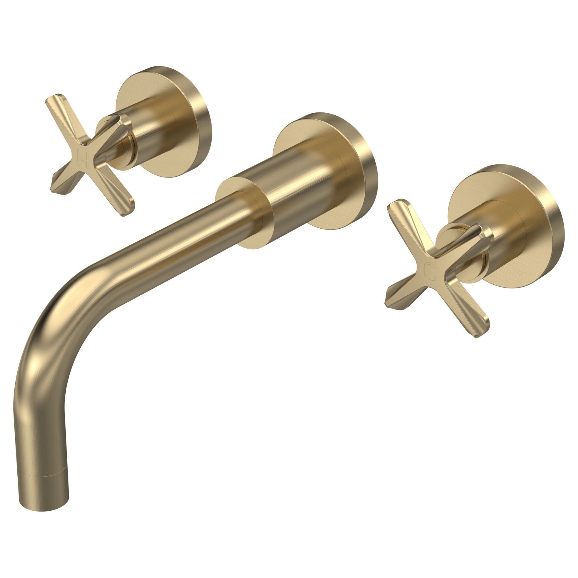 Korus Brushed Brass Wall Mount 3 Tap Hole Basin Mixer Contemporary Crosshead