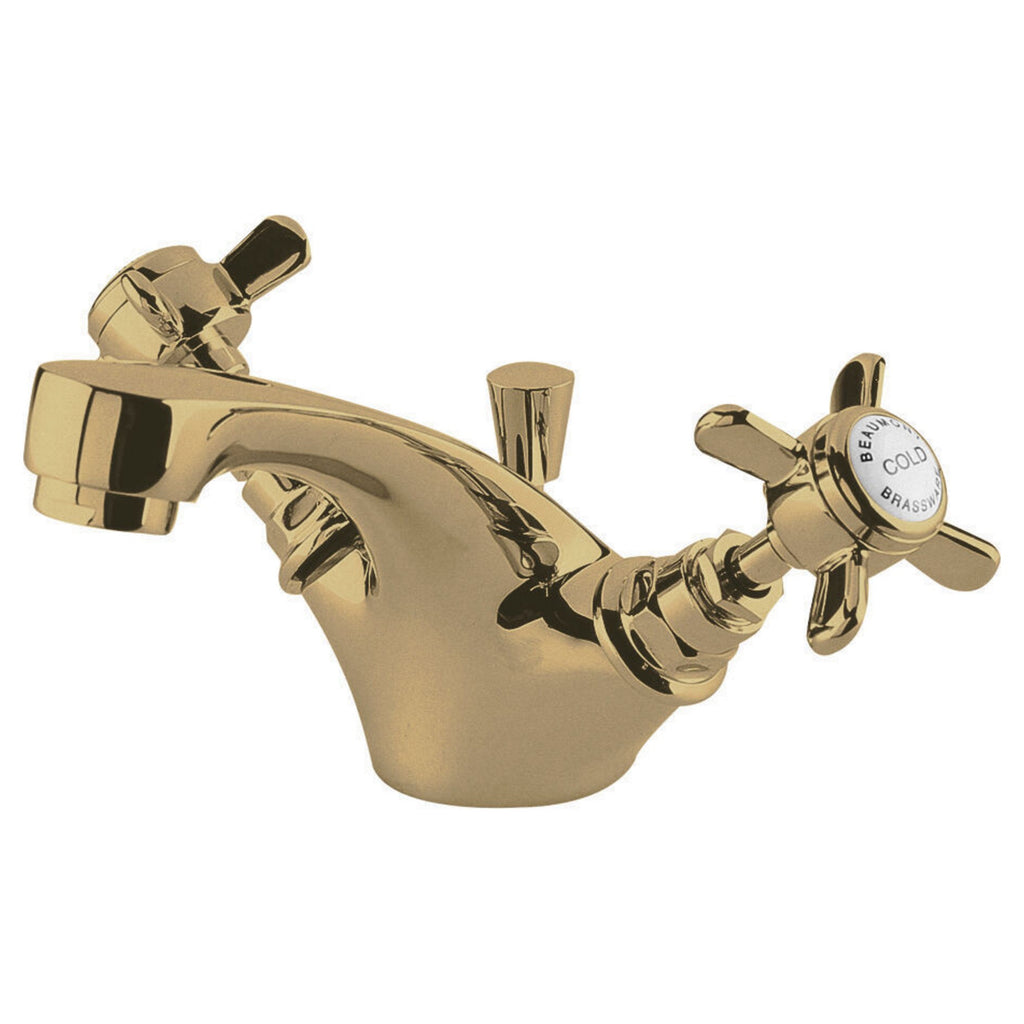 Elysian Brushed Brass Mono Basin Mixer Tap With Waste Traditional Crosshead