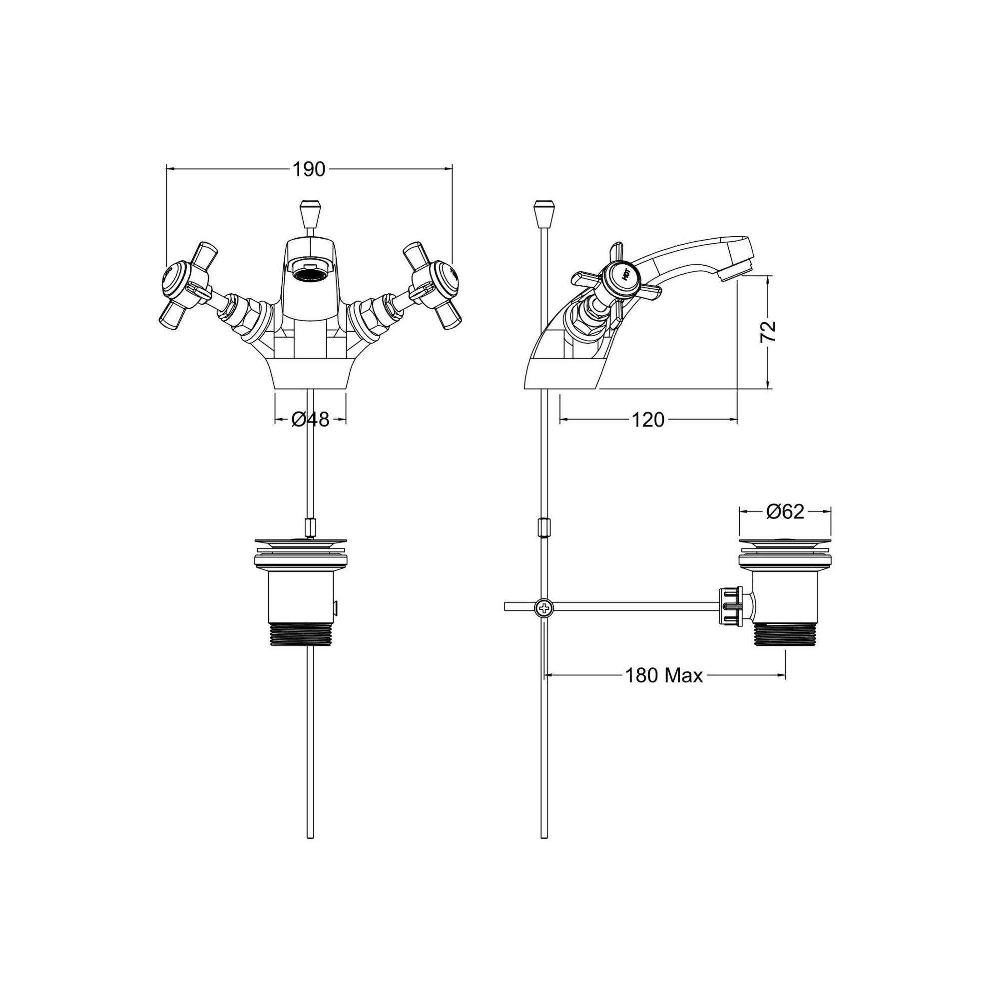 Elysian Brushed Brass Mono Basin Mixer Tap With Waste Traditional Crosshead