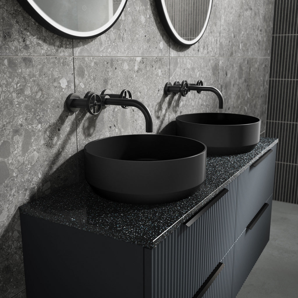 Axis Matt Black Wall Mounted Basin Mixer Contemporary Crosshead 3 Tap Hole