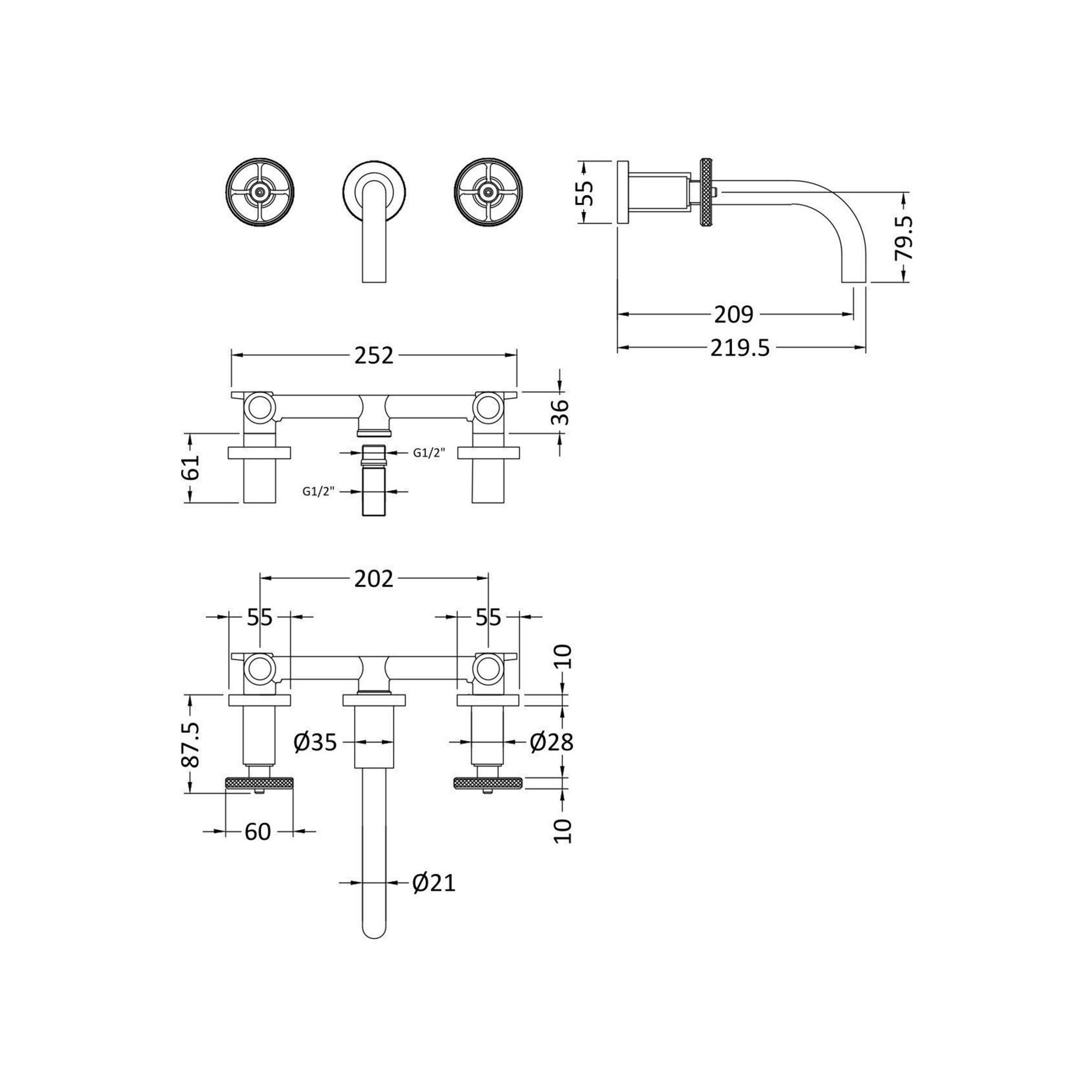 Axis Brushed Brass Wall Mounted Basin Mixer Contemporary Crosshead 3 Hole