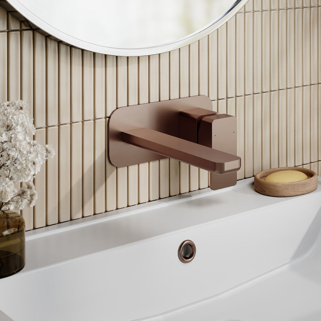 Aeres Wall Mounted 2 Tap Hole Basin Mixer Plate Brushed Bronze Contemporary
