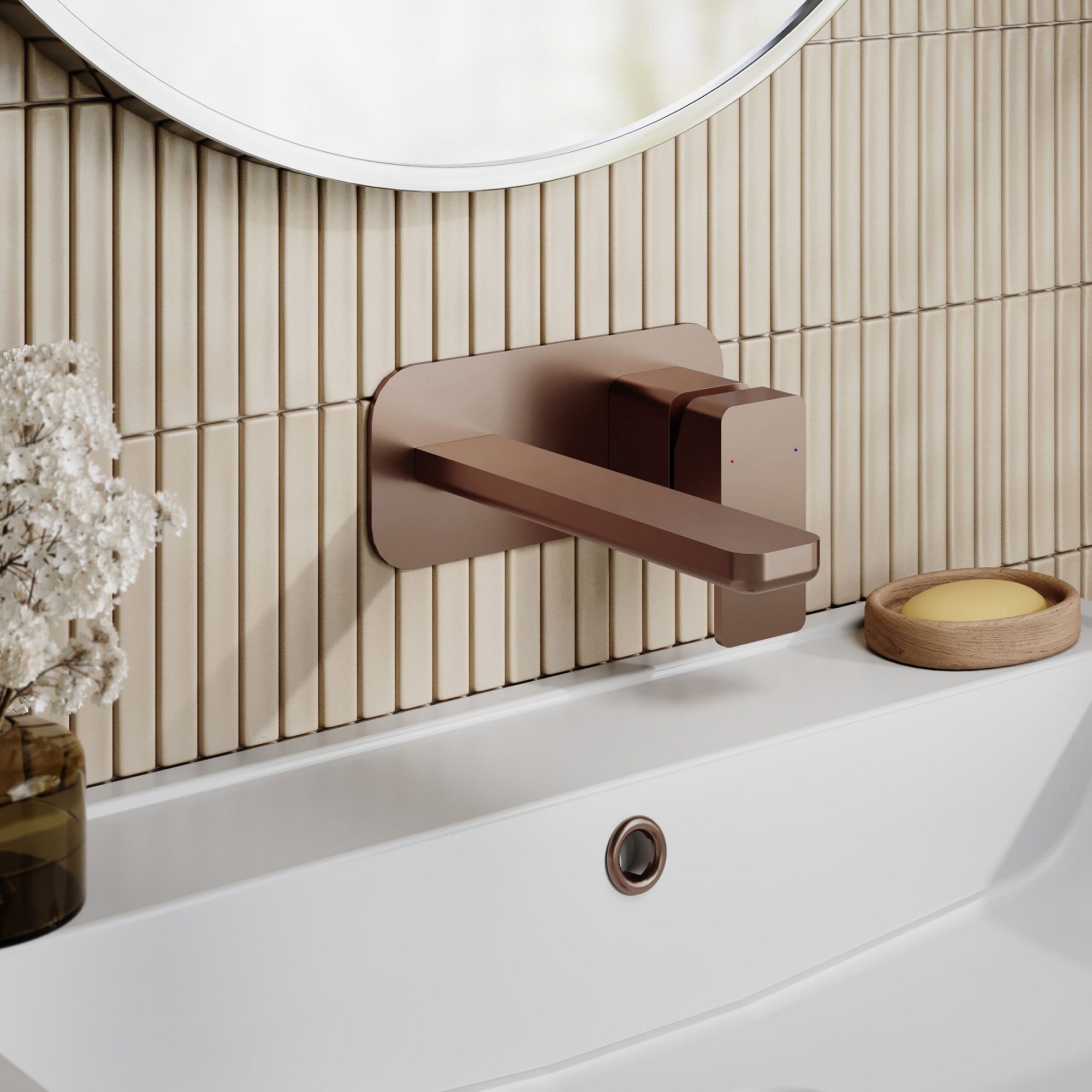 Aeres Wall Mounted 2 Tap Hole Basin Mixer Plate Brushed Bronze Contemporary
