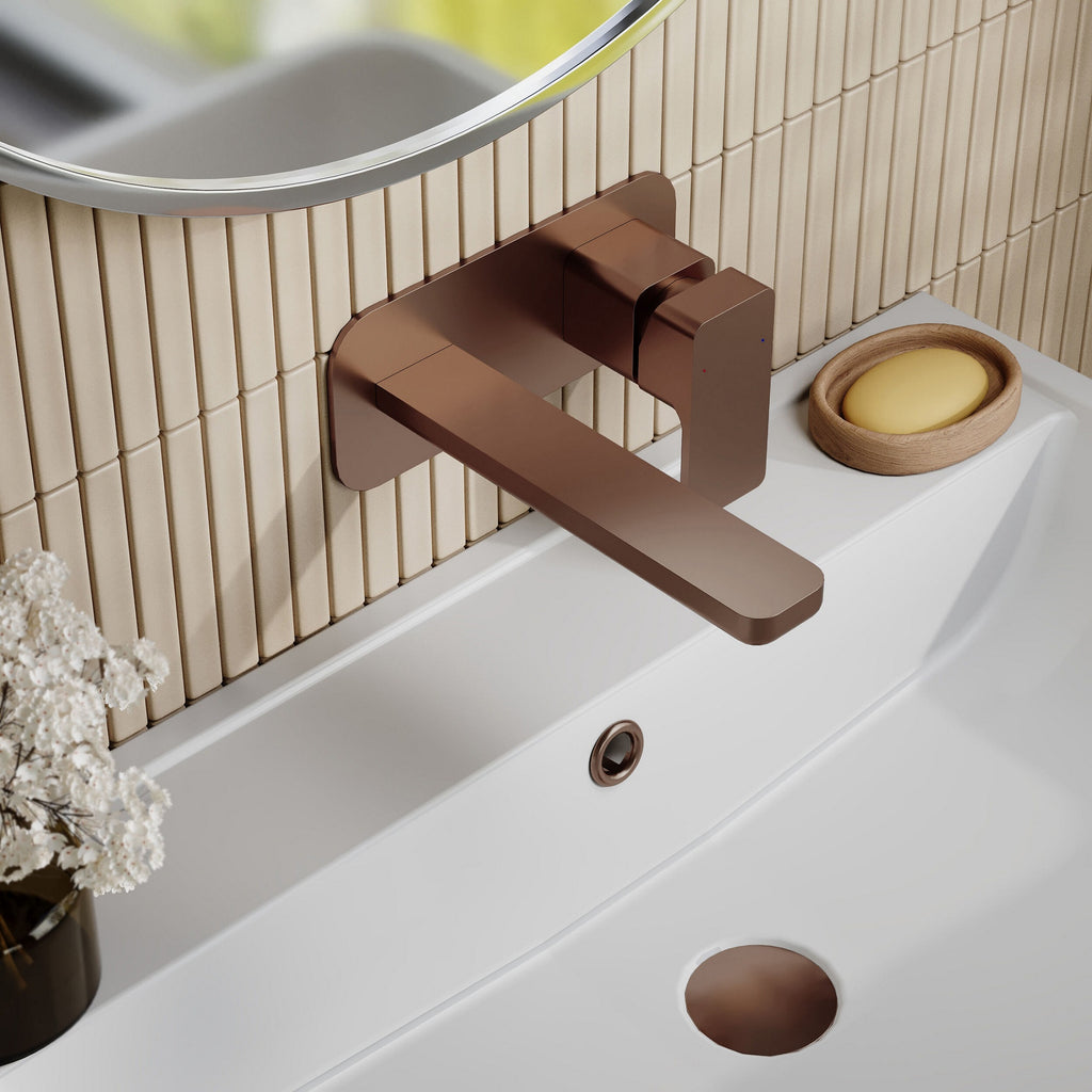 Aeres Wall Mounted 2 Tap Hole Basin Mixer Plate Brushed Bronze Contemporary