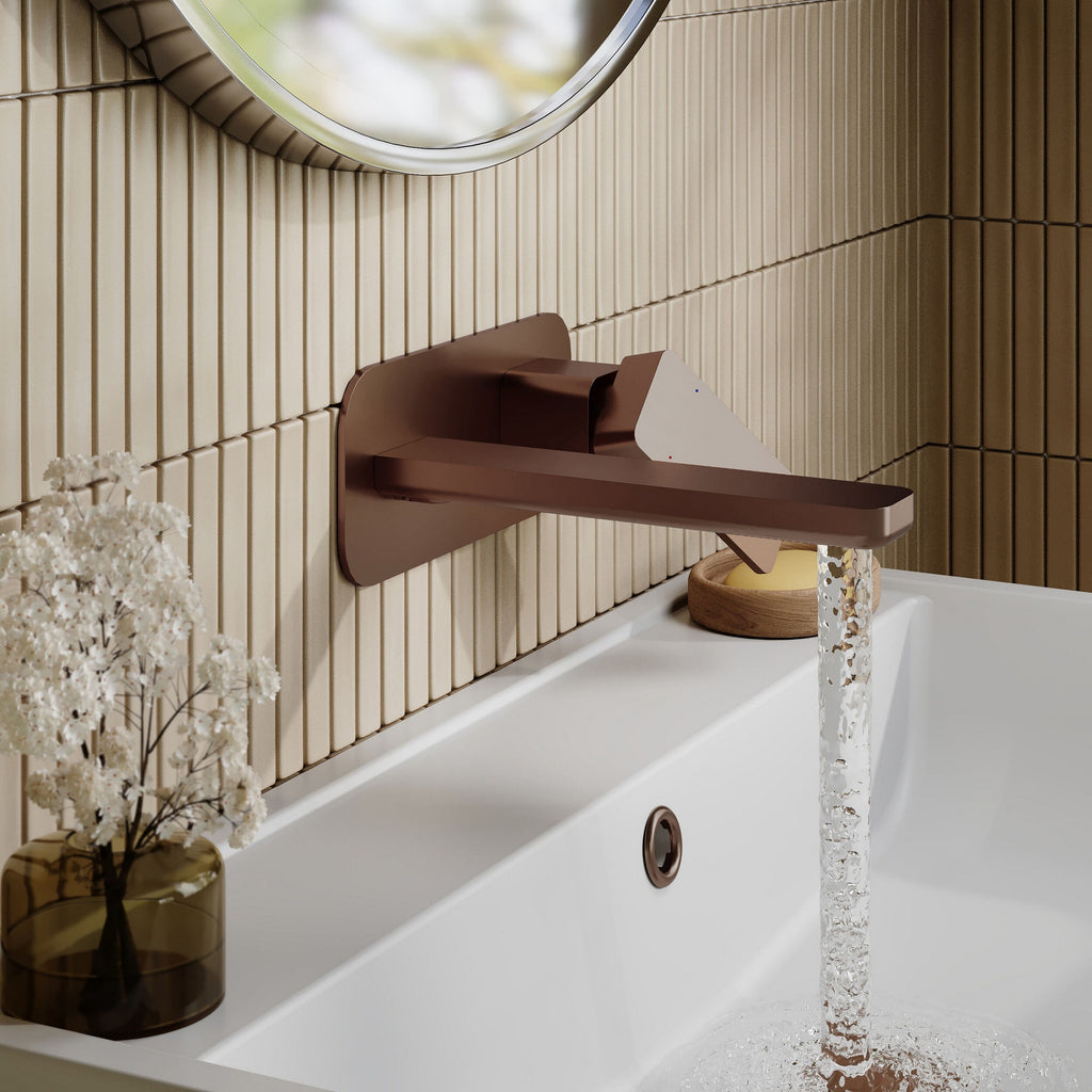 Aeres Wall Mounted 2 Tap Hole Basin Mixer Plate Brushed Bronze Contemporary