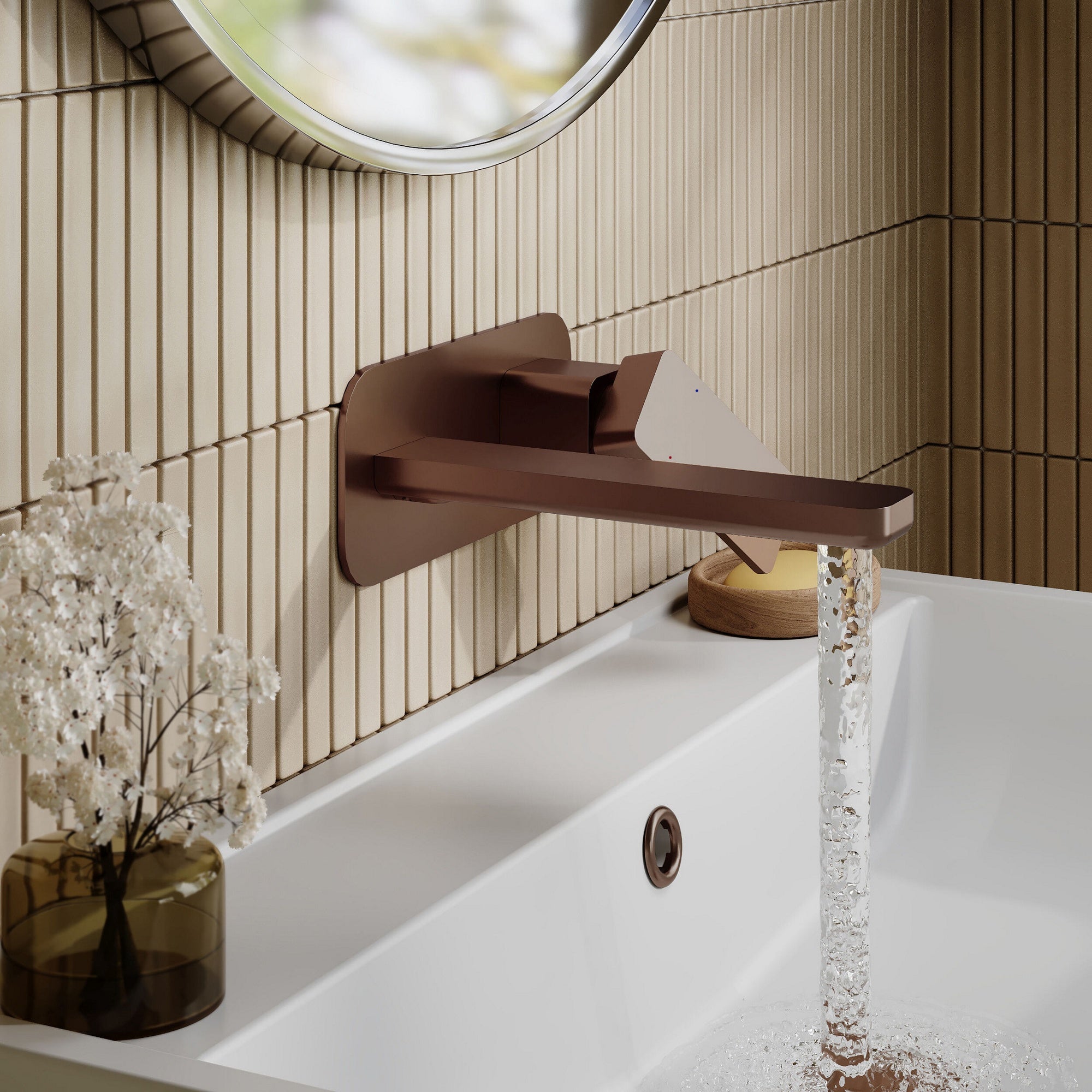 Aeres Wall Mounted 2 Tap Hole Basin Mixer Plate Brushed Bronze Contemporary