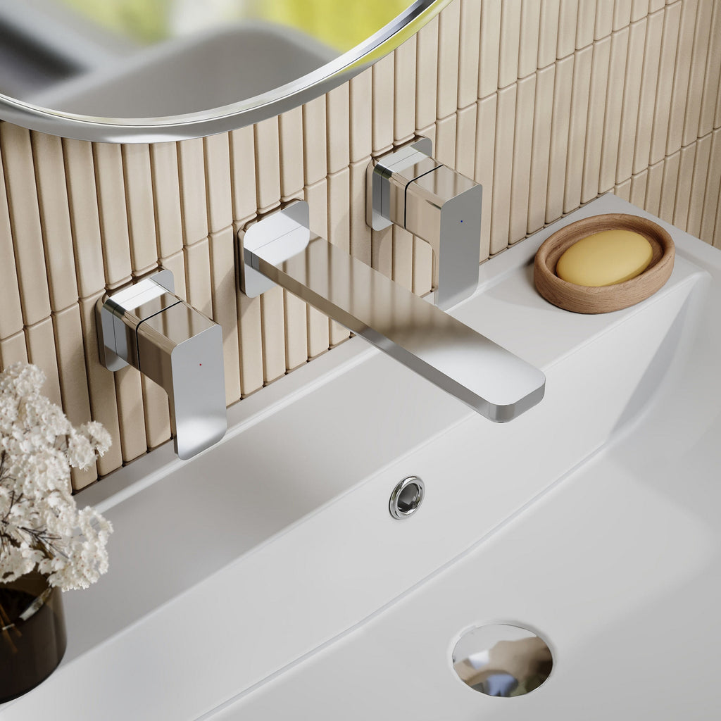 Aeres Wall Mounted 3 Tap Hole Basin Mixer Chrome Contemporary 3 Tap Holes
