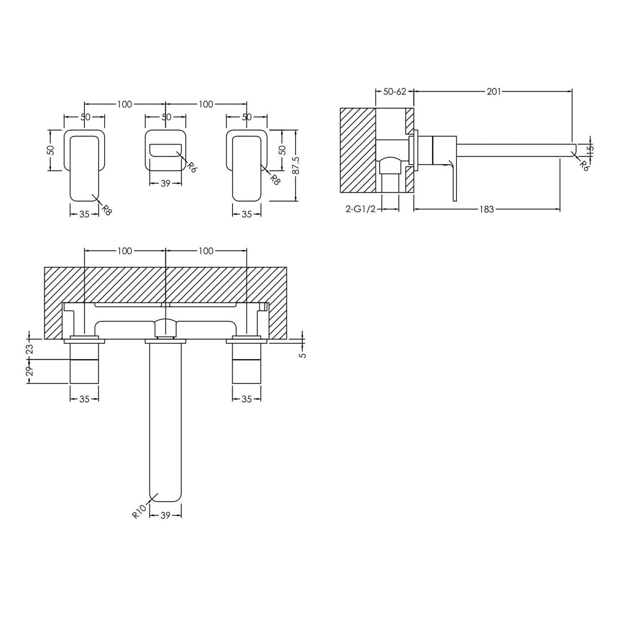Aeres Wall Mounted 3 Tap Hole Basin Mixer Chrome Contemporary 3 Tap Holes