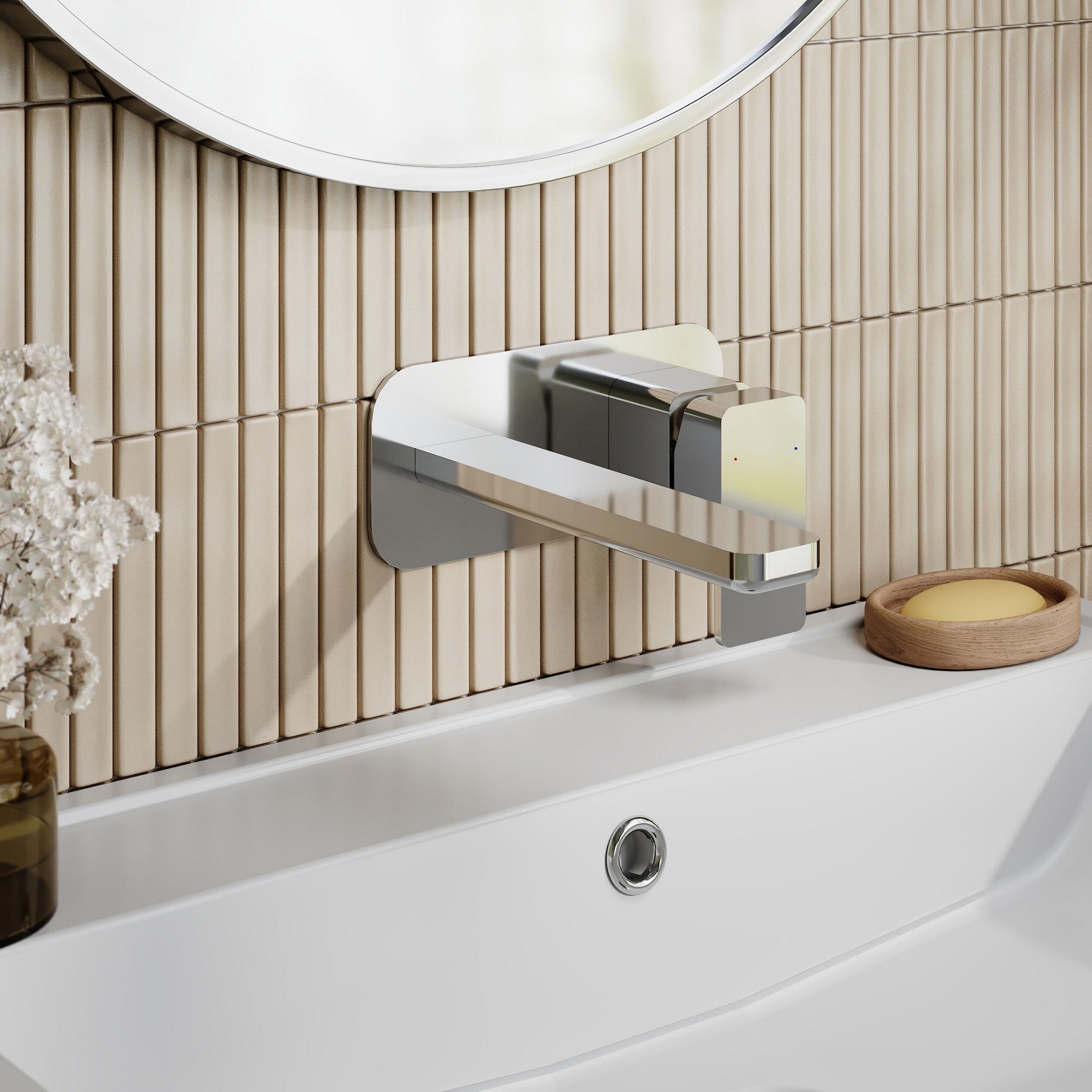 Aeres Wall Mounted 2 Tap Hole Basin Mixer Plate Chrome Contemporary 1 Tap Hole