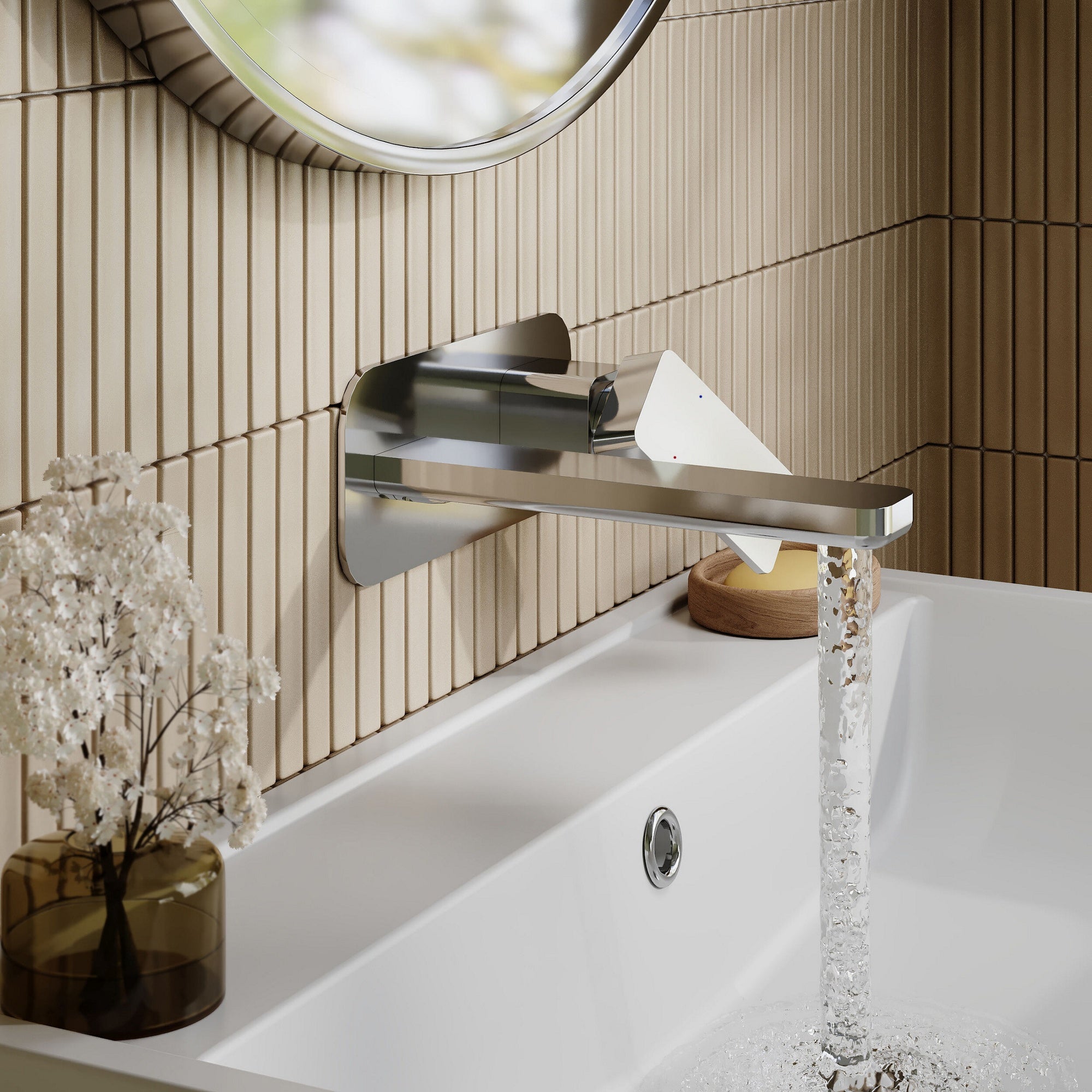 Aeres Wall Mounted 2 Tap Hole Basin Mixer Plate Chrome Contemporary 1 Tap Hole