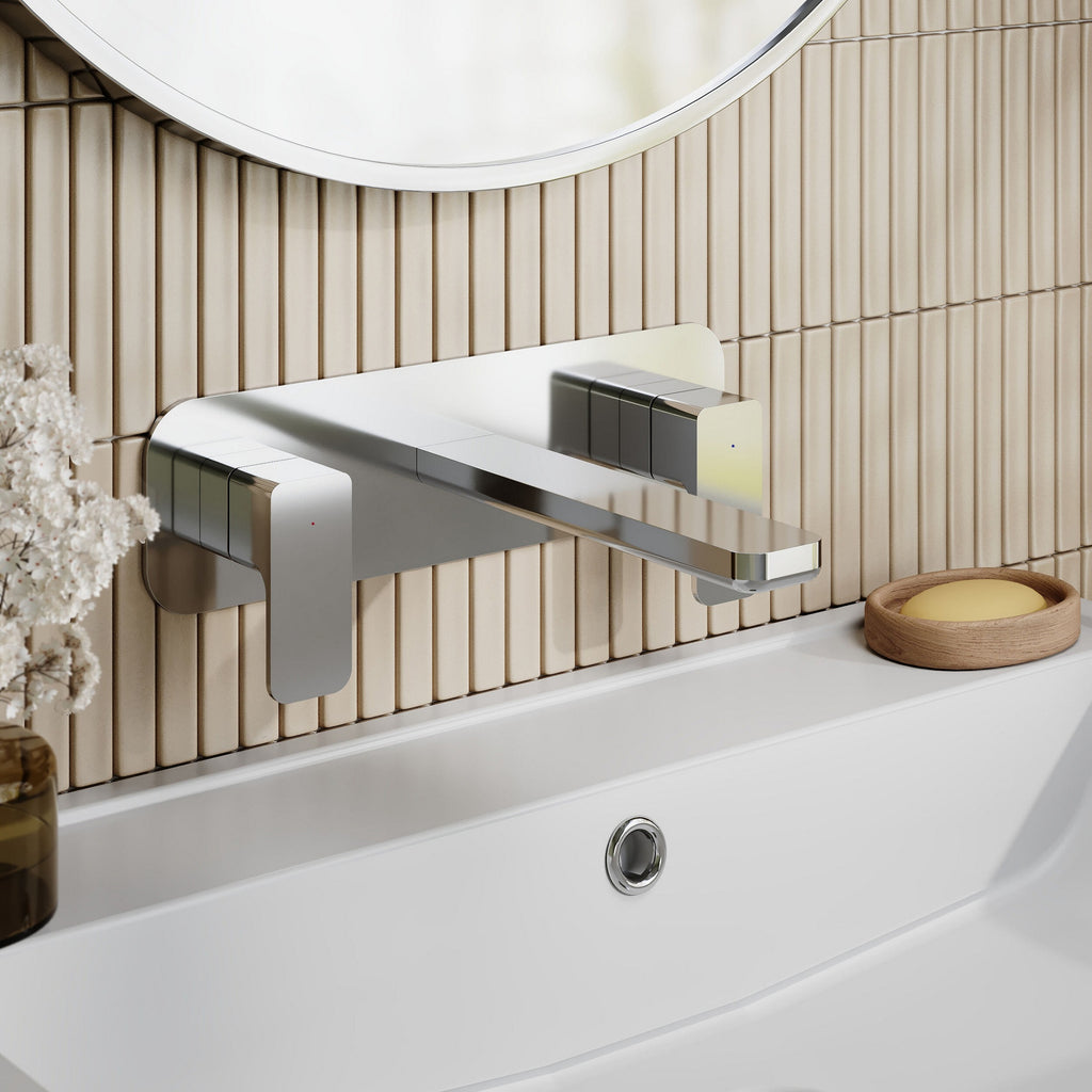 Aeres Wall Mounted 3 Tap Hole Basin Mixer Plate Chrome Contemporary 1 Tap Hole