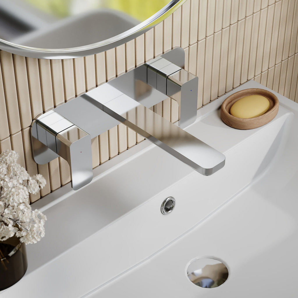 Aeres Wall Mounted 3 Tap Hole Basin Mixer Plate Chrome Contemporary 1 Tap Hole