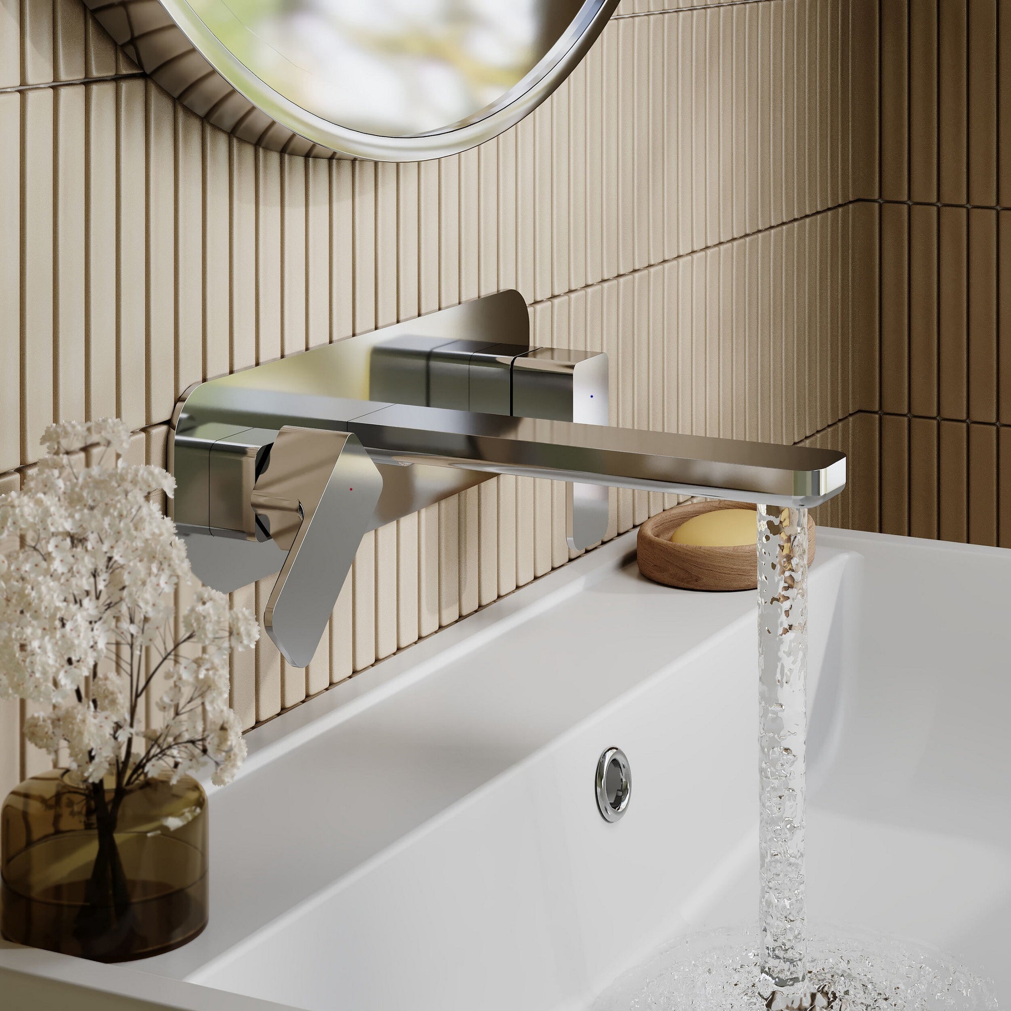 Aeres Wall Mounted 3 Tap Hole Basin Mixer Plate Chrome Contemporary 1 Tap Hole