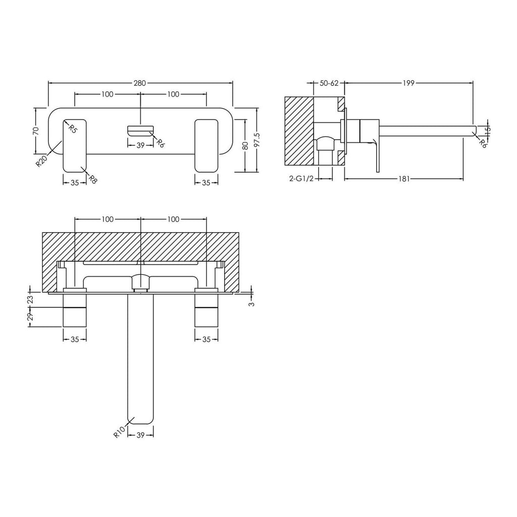 Aeres Wall Mounted 3 Tap Hole Basin Mixer Plate Chrome Contemporary 1 Tap Hole