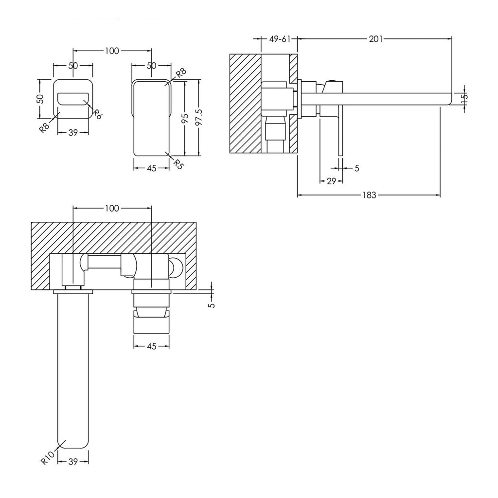 Aeres Wall Mounted 2 Tap Hole Basin Mixer Chrome Contemporary 2 Tap Holes