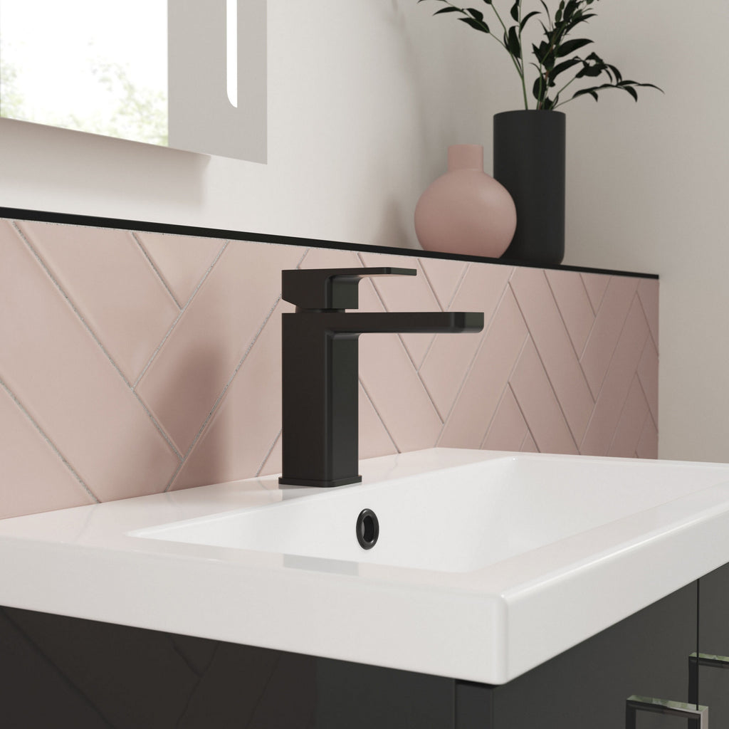 Aeres Mono Basin Mixer Matt Black Contemporary 1 Tap Hole Push Button Waste
