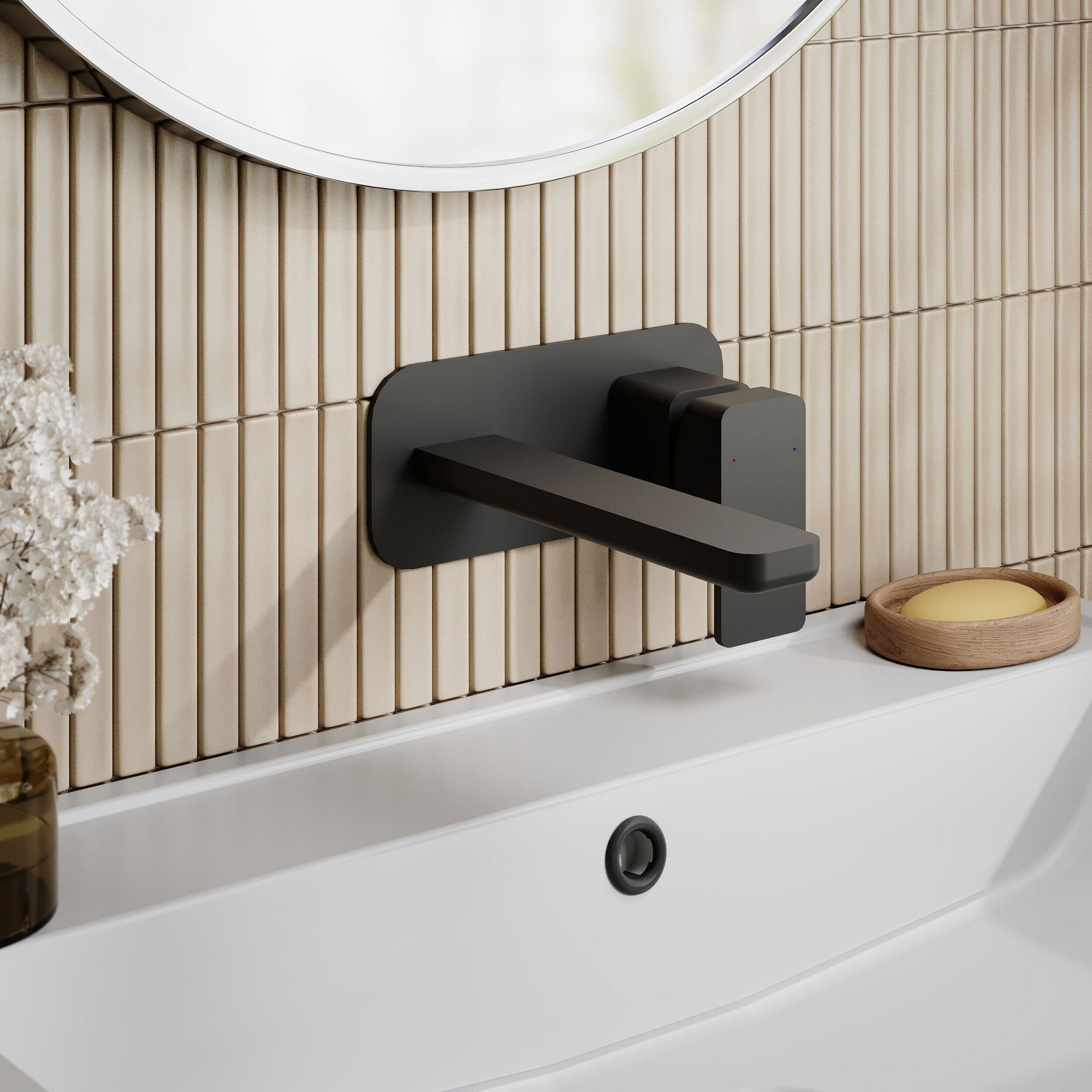 Aeres Wall Mounted 2 Tap Hole Basin Mixer Plate Matt Black Contemporary