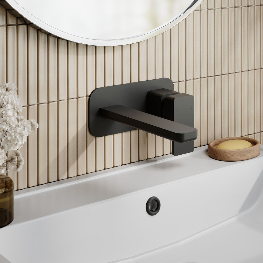 Aeres Wall Mounted 2 Tap Hole Basin Mixer Plate Matt Black Contemporary