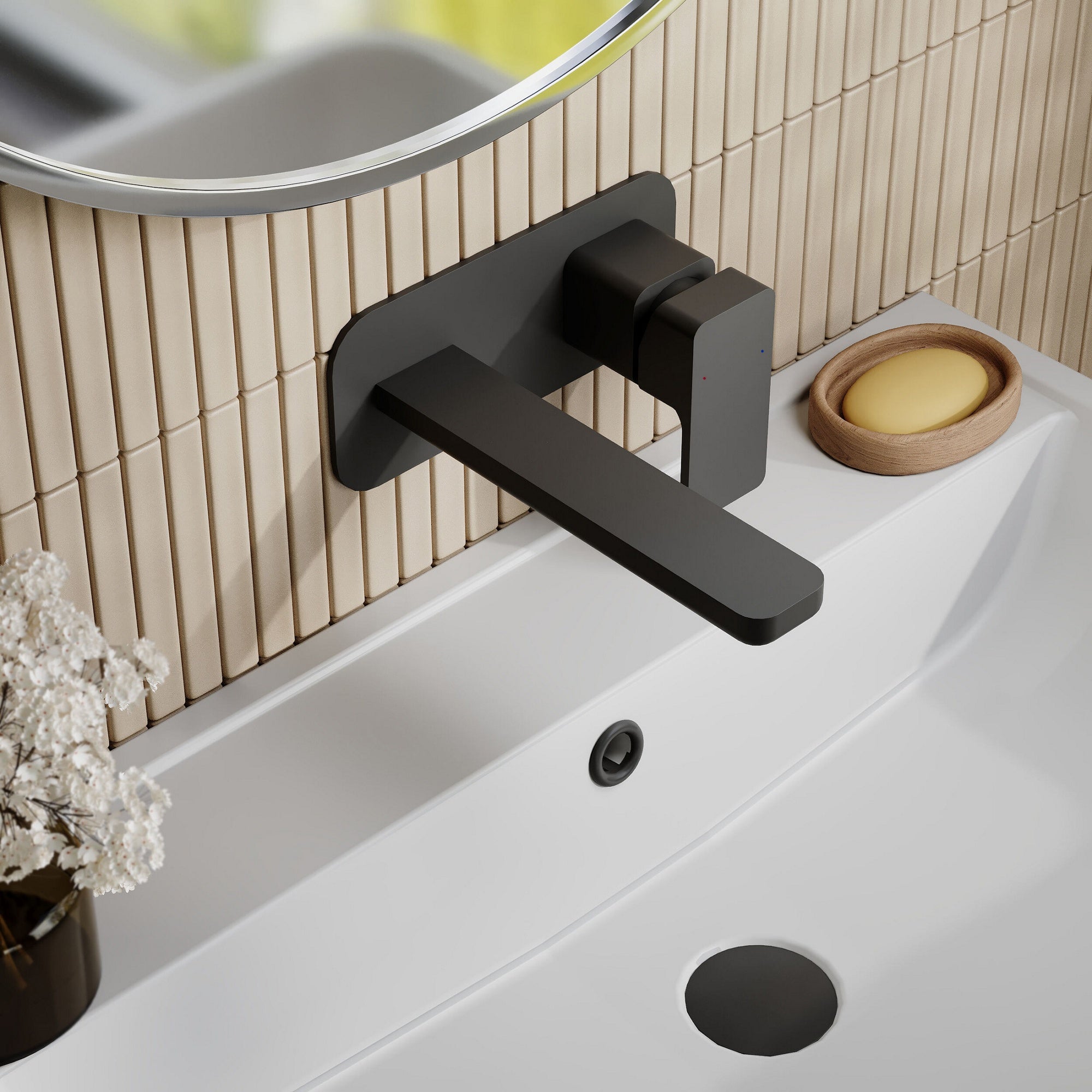 Aeres Wall Mounted 2 Tap Hole Basin Mixer Plate Matt Black Contemporary