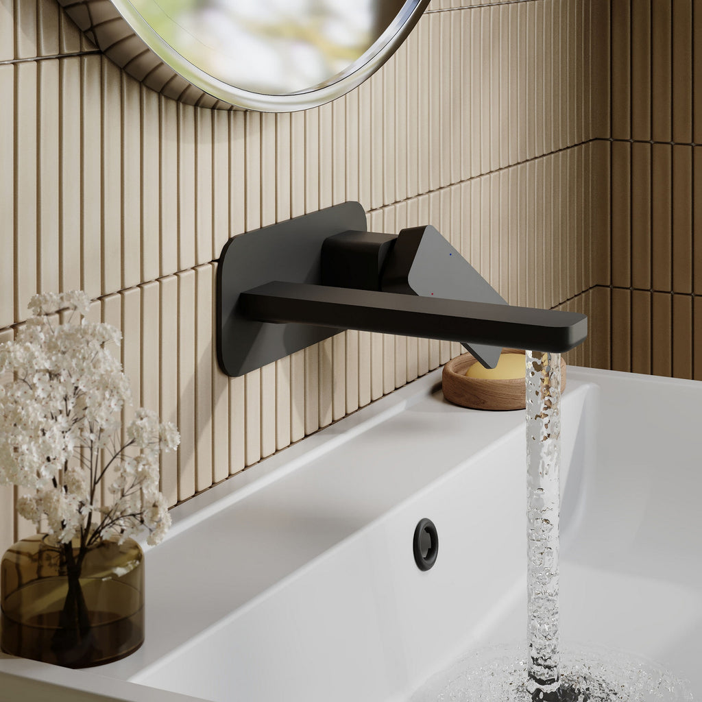 Aeres Wall Mounted 2 Tap Hole Basin Mixer Plate Matt Black Contemporary