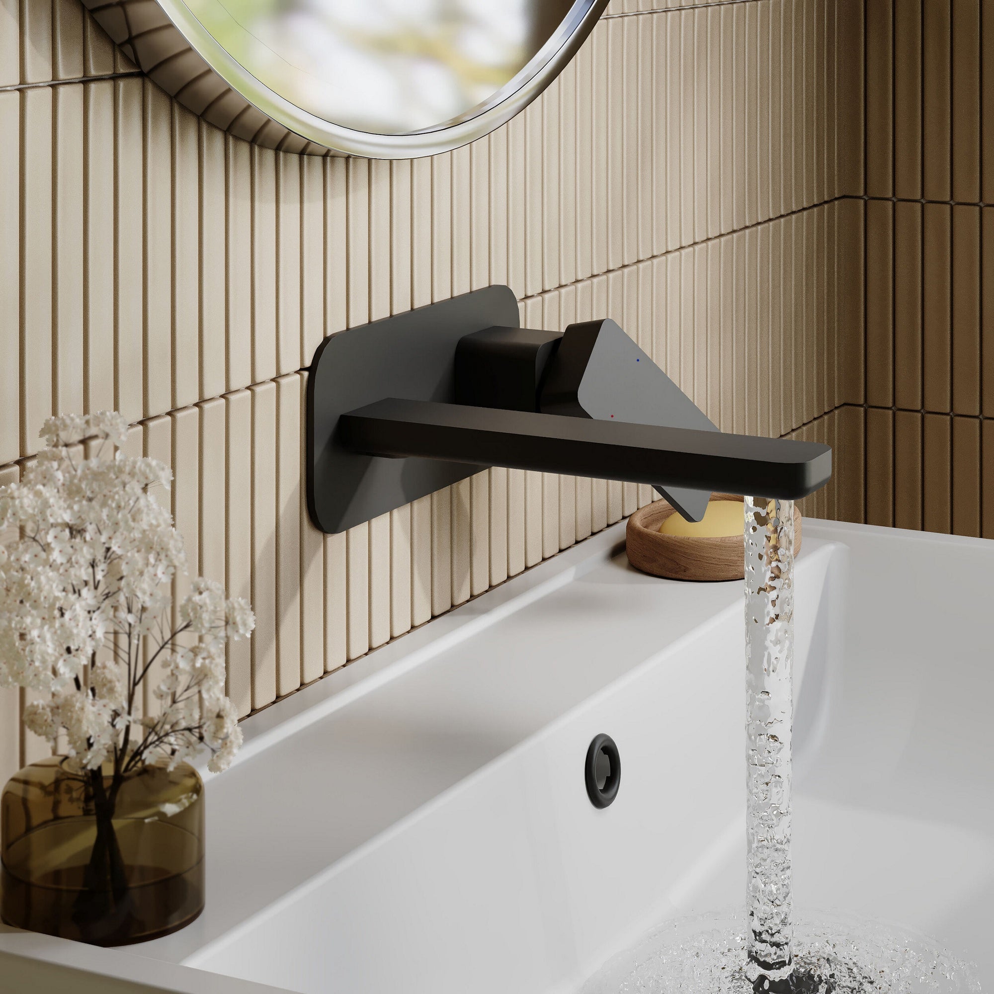 Aeres Wall Mounted 2 Tap Hole Basin Mixer Plate Matt Black Contemporary