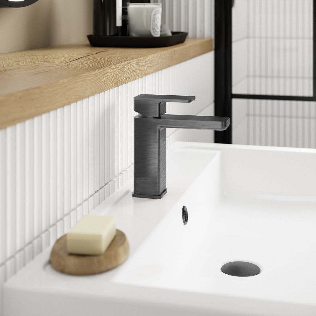 Aeres Mono Basin Mixer Brushed Pewter Contemporary 1 Tap Hole Push Button Waste