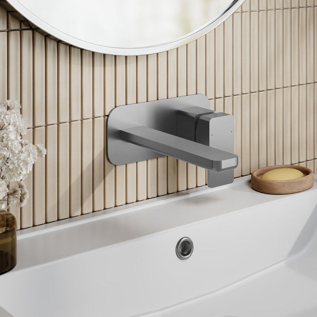 Aeres Wall Mounted 2 Tap Hole Basin Mixer Plate Brushed Pewter Contemporary