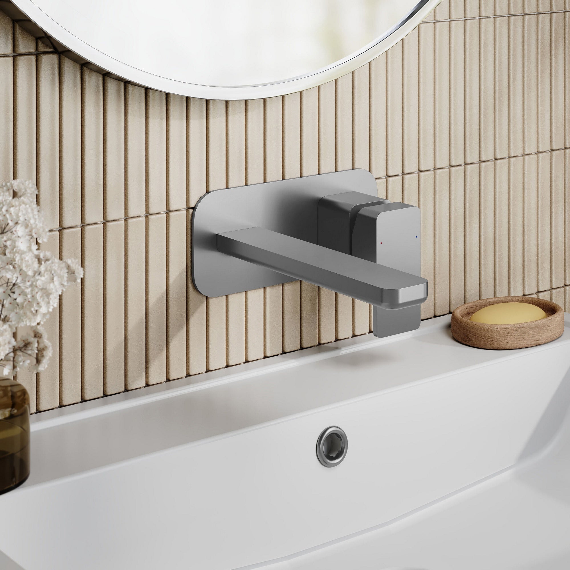 Aeres Wall Mounted 2 Tap Hole Basin Mixer Plate Brushed Pewter Contemporary