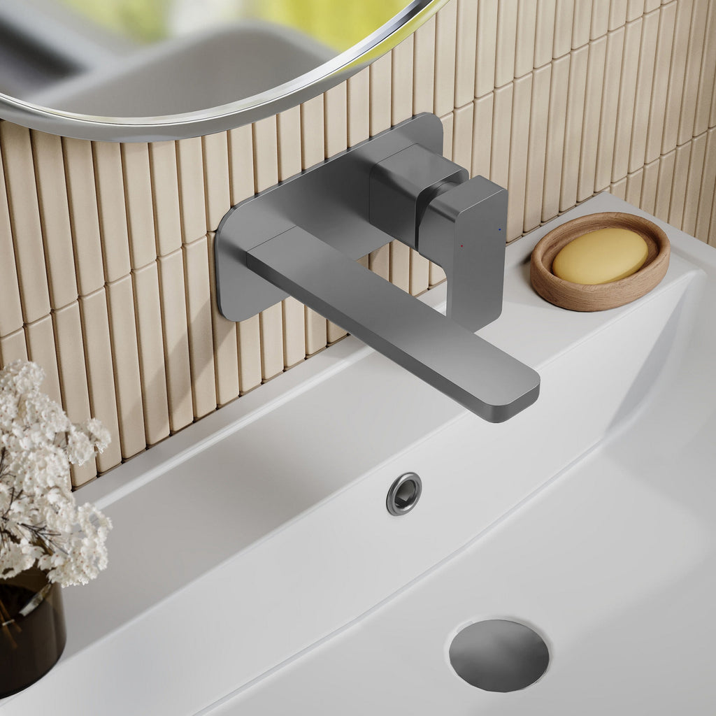 Aeres Wall Mounted 2 Tap Hole Basin Mixer Plate Brushed Pewter Contemporary