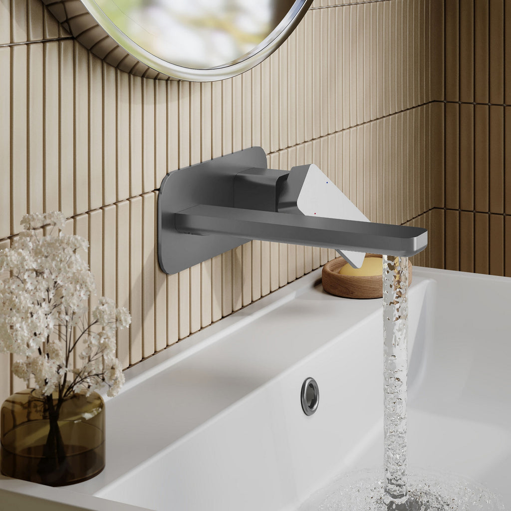 Aeres Wall Mounted 2 Tap Hole Basin Mixer Plate Brushed Pewter Contemporary