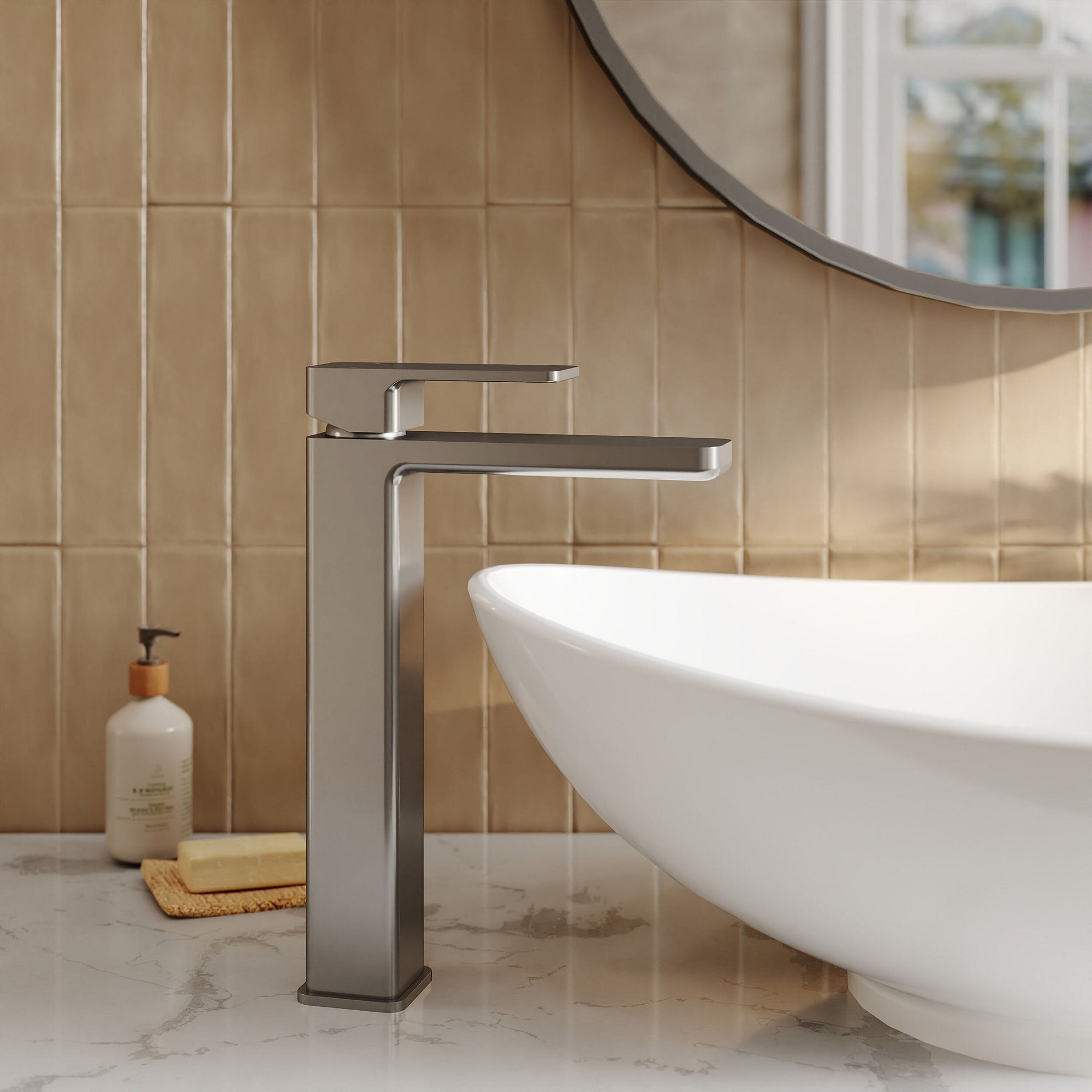 Aeres High-rise Mono Basin Mixer Brushed Pewter Contemporary 1 Tap Hole