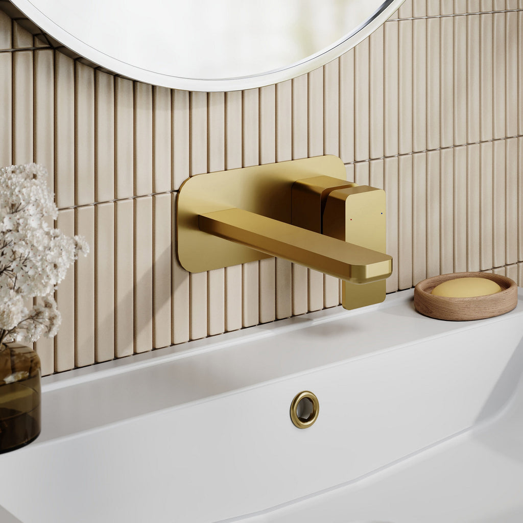 Aeres Contemporary Wall Mounted 2 Tap Hole Basin Mixer Plate Brushed Brass Lever