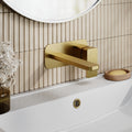 Aeres Contemporary Wall Mounted 2 Tap Hole Basin Mixer Plate Brushed Brass Lever