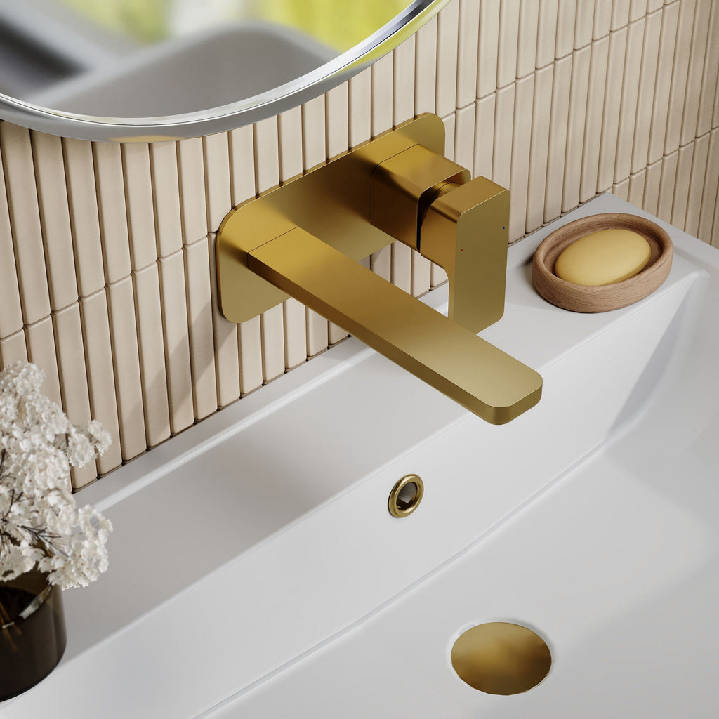 Aeres Contemporary Wall Mounted 2 Tap Hole Basin Mixer Plate Brushed Brass Lever