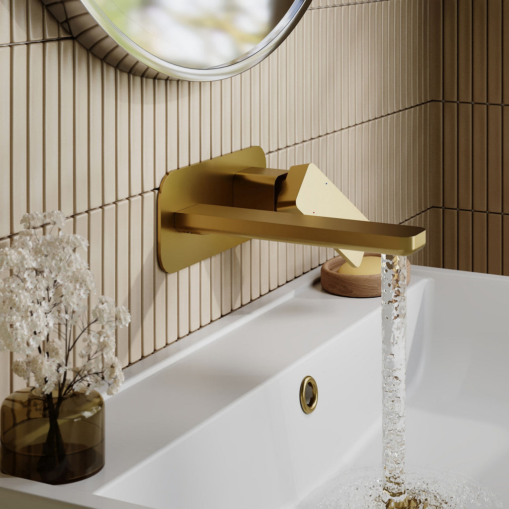 Aeres Contemporary Wall Mounted 2 Tap Hole Basin Mixer Plate Brushed Brass Lever