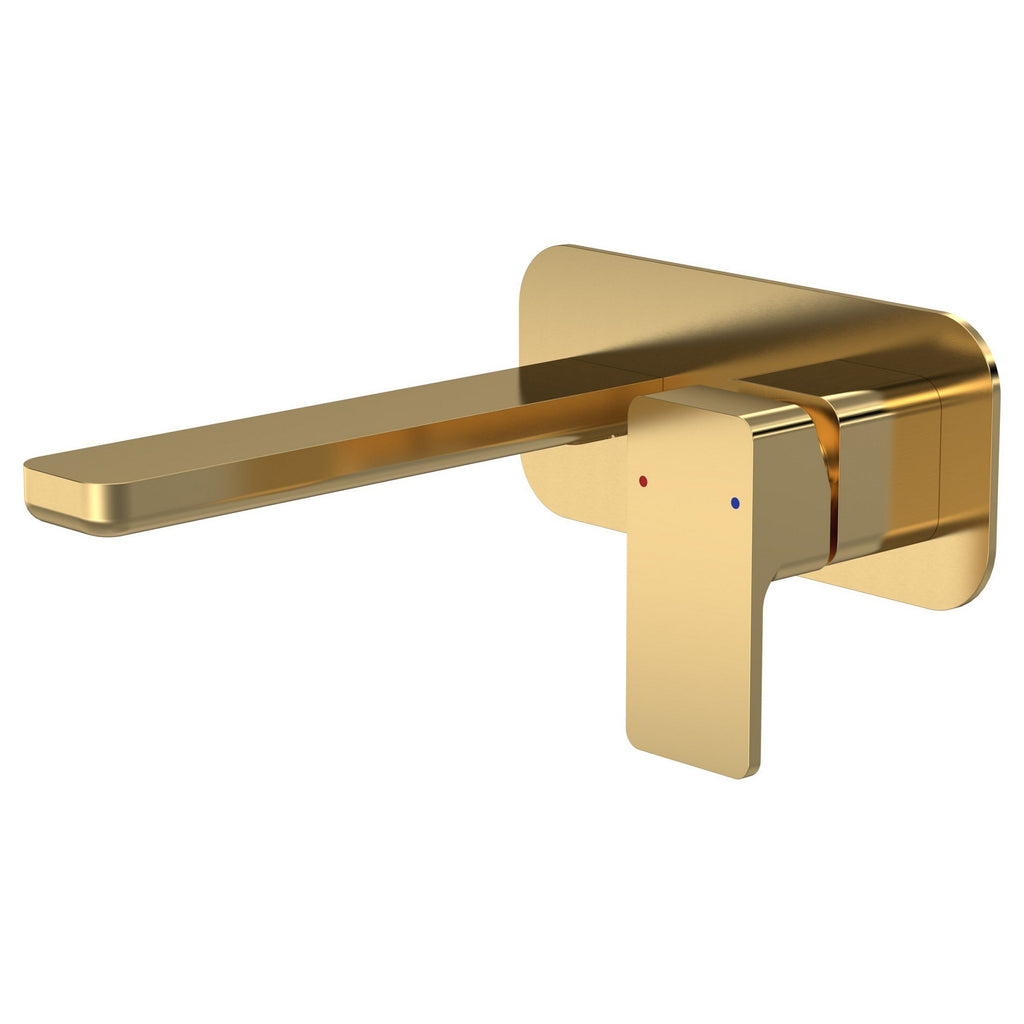 Aeres Contemporary Wall Mounted 2 Tap Hole Basin Mixer Plate Brushed Brass Lever