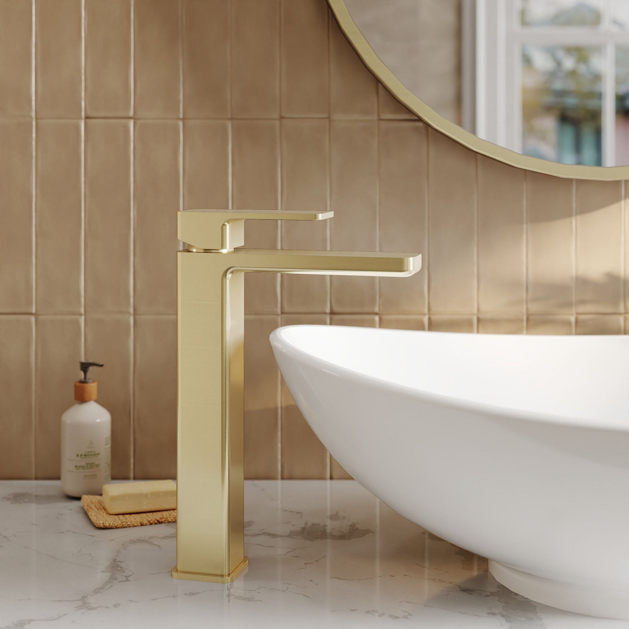 Aeres Contemporary High Rise Mono Basin Mixer Brushed Brass No Waste Lever 1 Hole