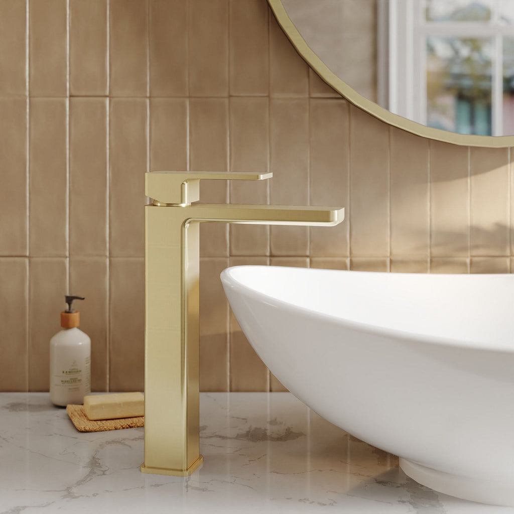 Aeres Contemporary High Rise Mono Basin Mixer Brushed Brass No Waste Lever 1 Hole