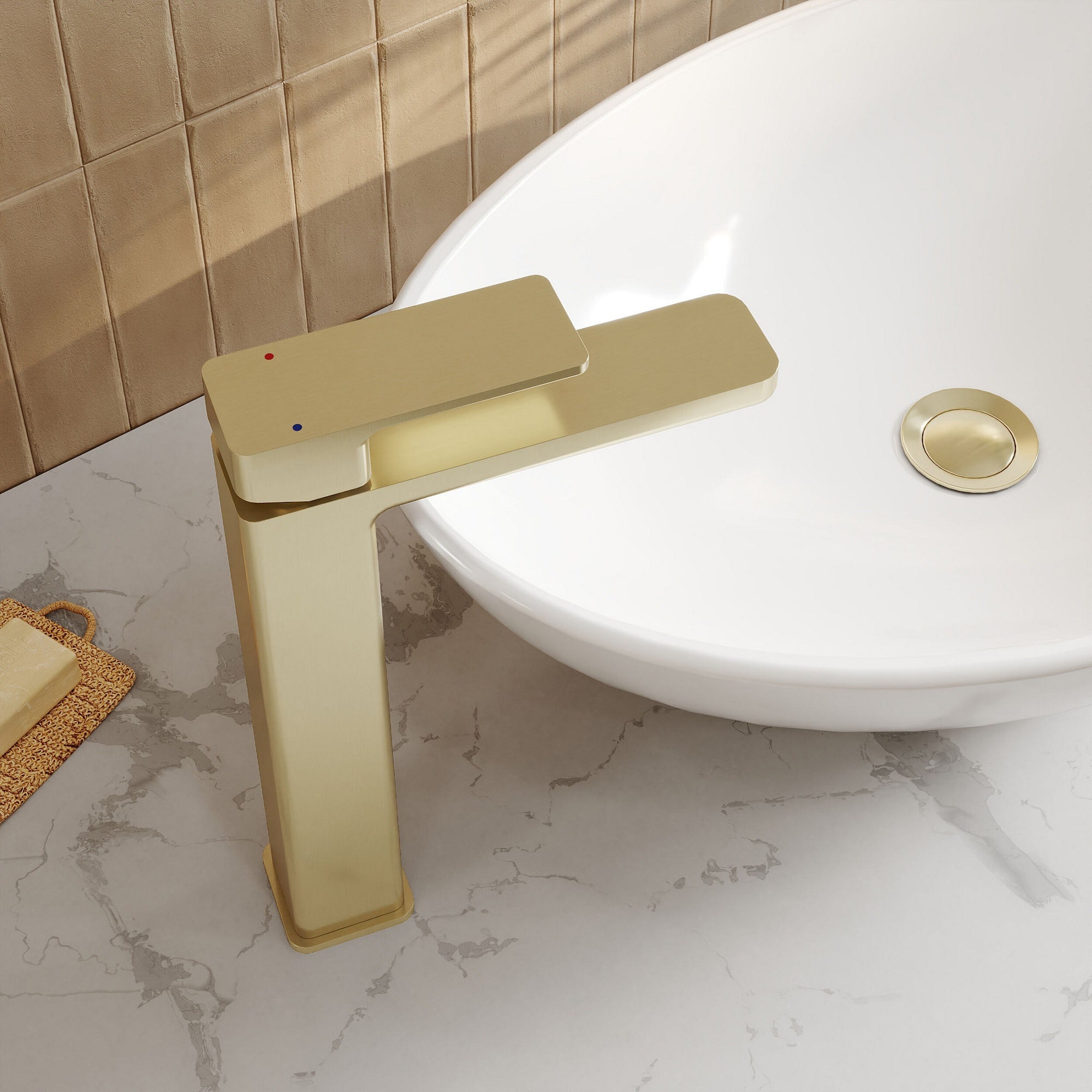 Aeres Contemporary High Rise Mono Basin Mixer Brushed Brass No Waste Lever 1 Hole