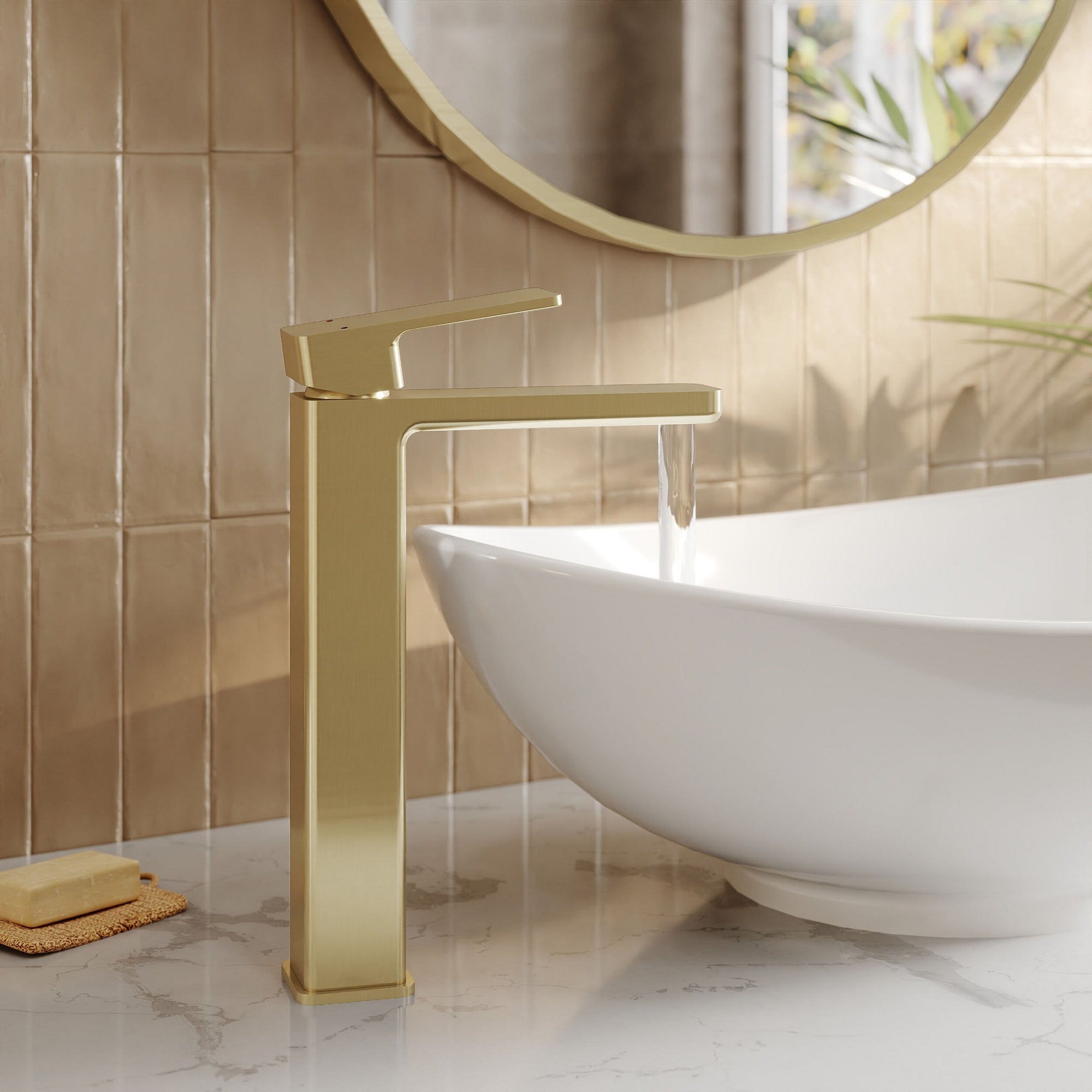 Aeres Contemporary High Rise Mono Basin Mixer Brushed Brass No Waste Lever 1 Hole