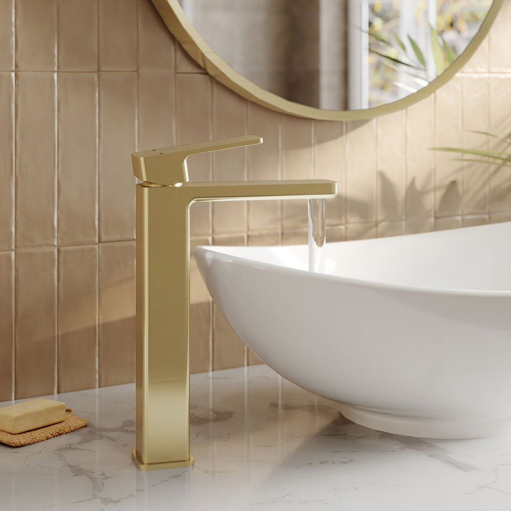 Aeres Contemporary High Rise Mono Basin Mixer Brushed Brass No Waste Lever 1 Hole