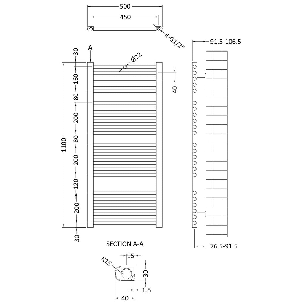 Straight Ladder Rail 1100 X 500mm Chrome 1096 BTU 455 Pipe Centres