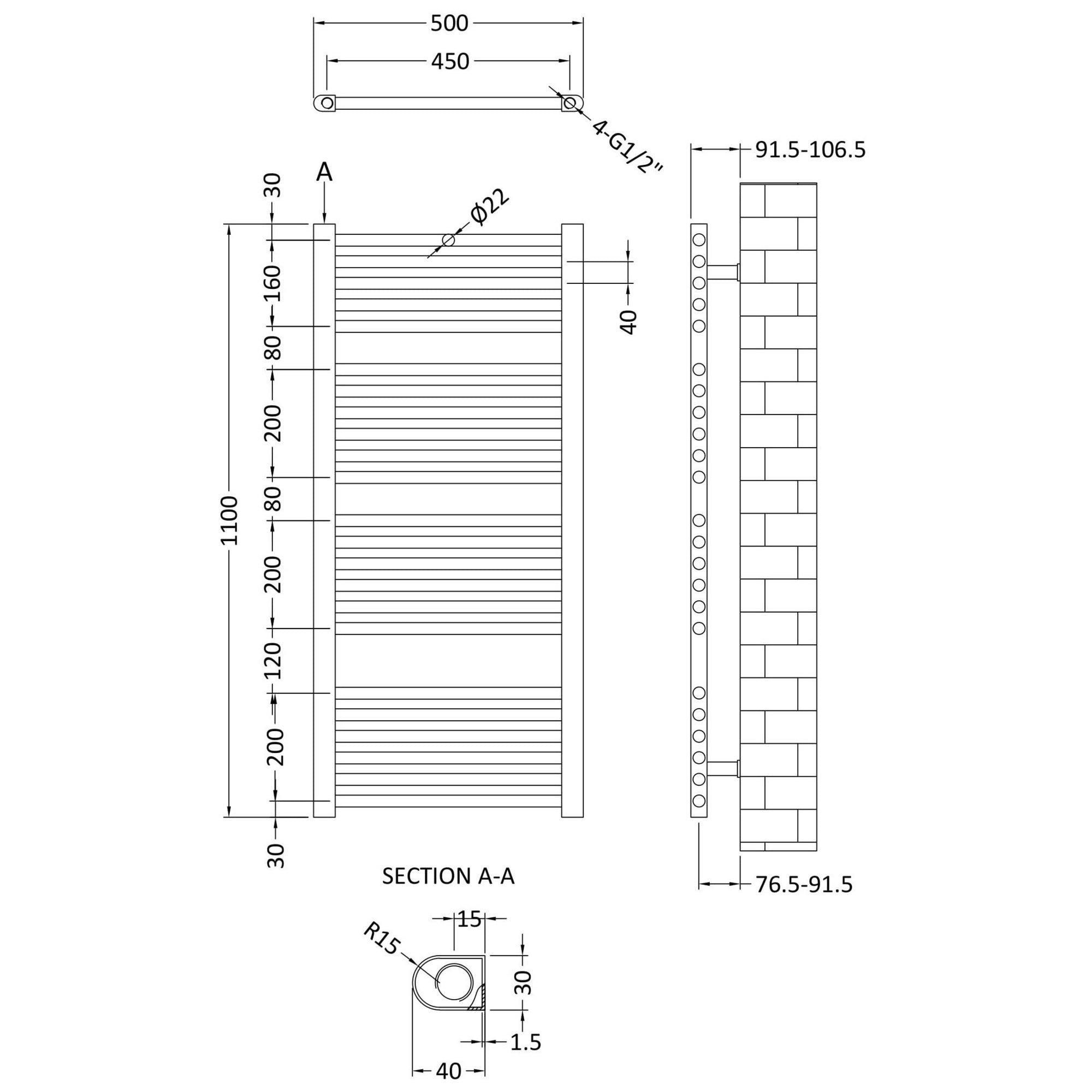 Straight Ladder Rail 1100 X 500mm Chrome 1096 BTU 455 Pipe Centres