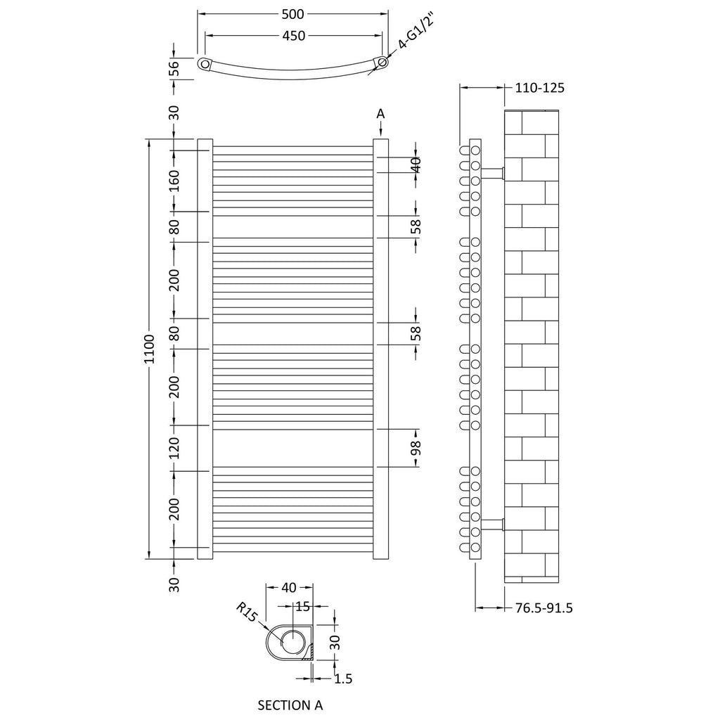Curved Ladder Rail 1100 X 500mm Chrome 1126 BTU 455 Pipe Centres